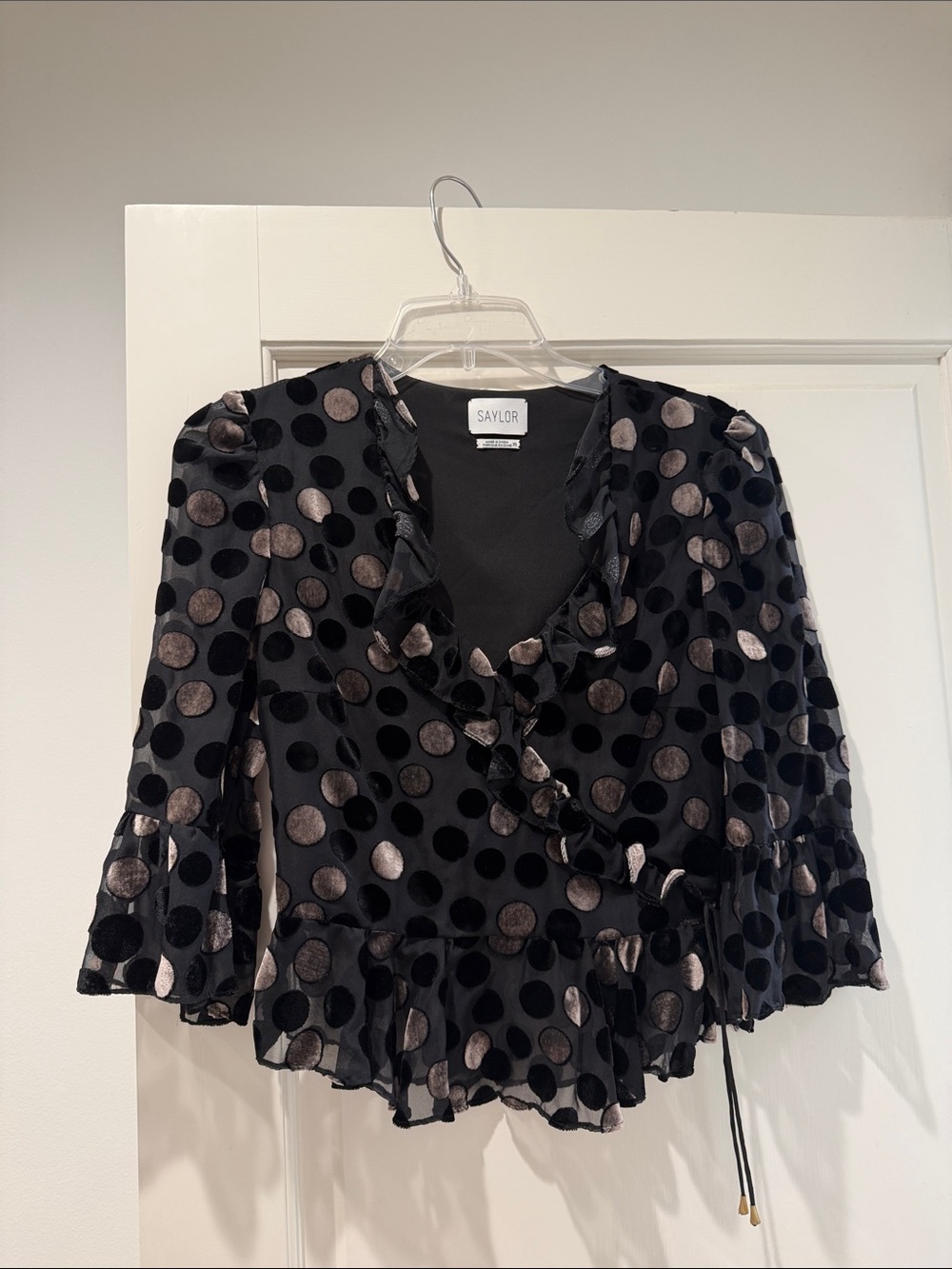 SAYLOR Black Velvet Dot Ruffle Wrap Blouse with Metallic Dots